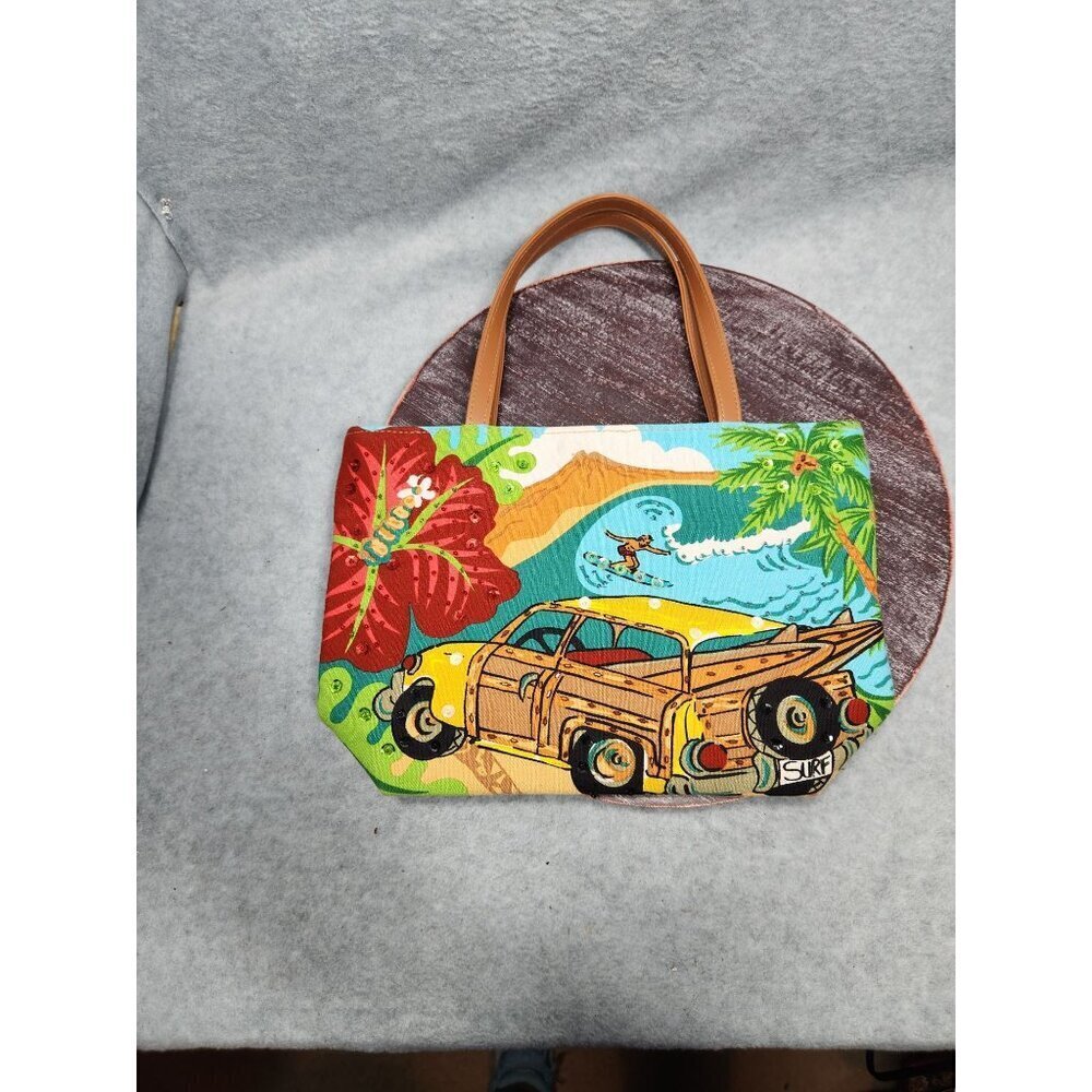 Surfer Woodie car Aloha Hawaii Hawaiian Print Canvas  Handbag With Leather Handl - Picture 4 of 13